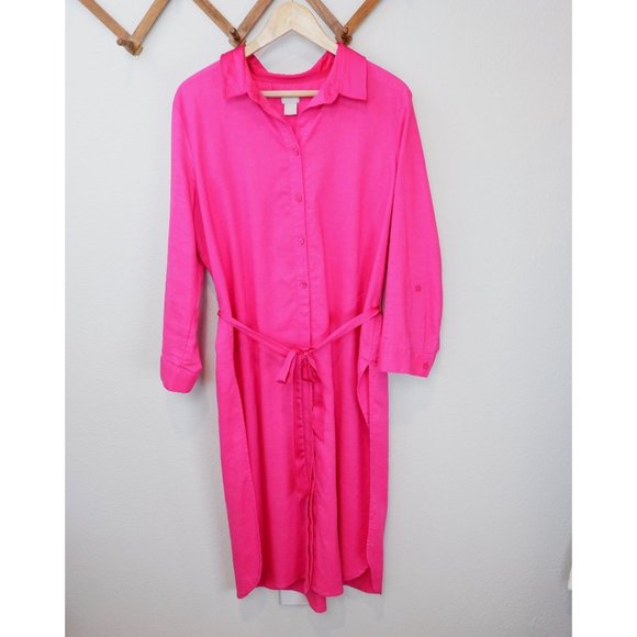 Chico's Womens Pink Linen Blend Satin Collared & Belted Long Tunic Blouse, 16/18 - Picture 3 of 13